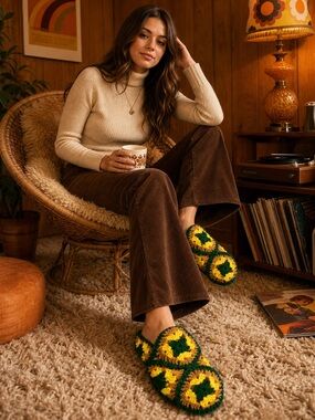 Vintage 70s Handmade Crochet Granny Square Slippers Green Yellow  Cottagecore